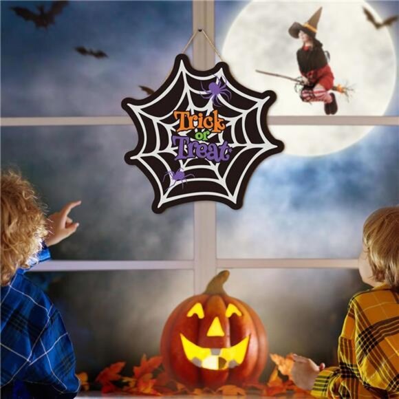 Halloween Spider Web Door Sign Trick or Treat Wooden Hanging Sign - Picture 6 of 8
